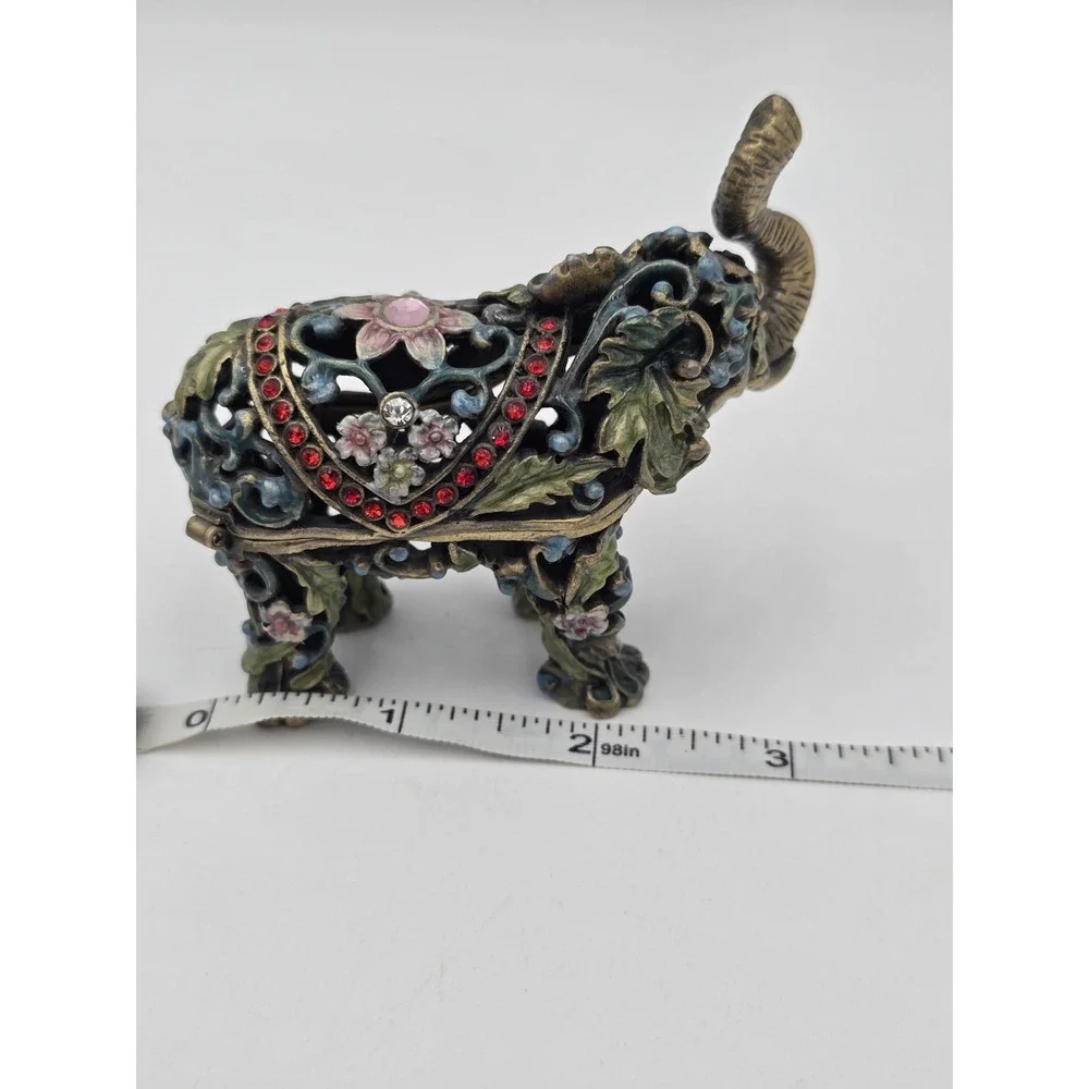 Elephant Ornate Hinged Trinket Box Figurine With Jewelry Charm Jeweled Enamel